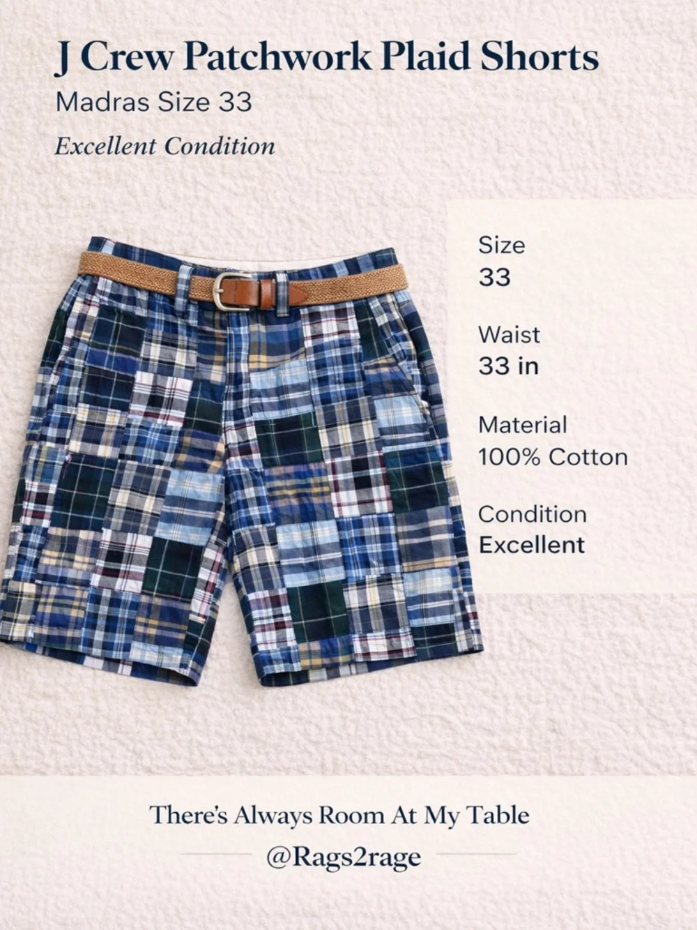 J Crew Madras Patchwork Shorts Mens 33 Cotton Preppy Plaid Casual